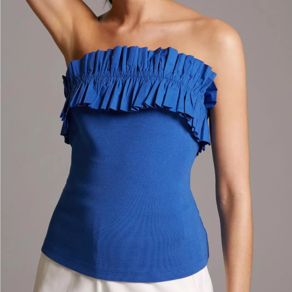 Maeve by Anthropologie poplin ruffle tube top in blue.